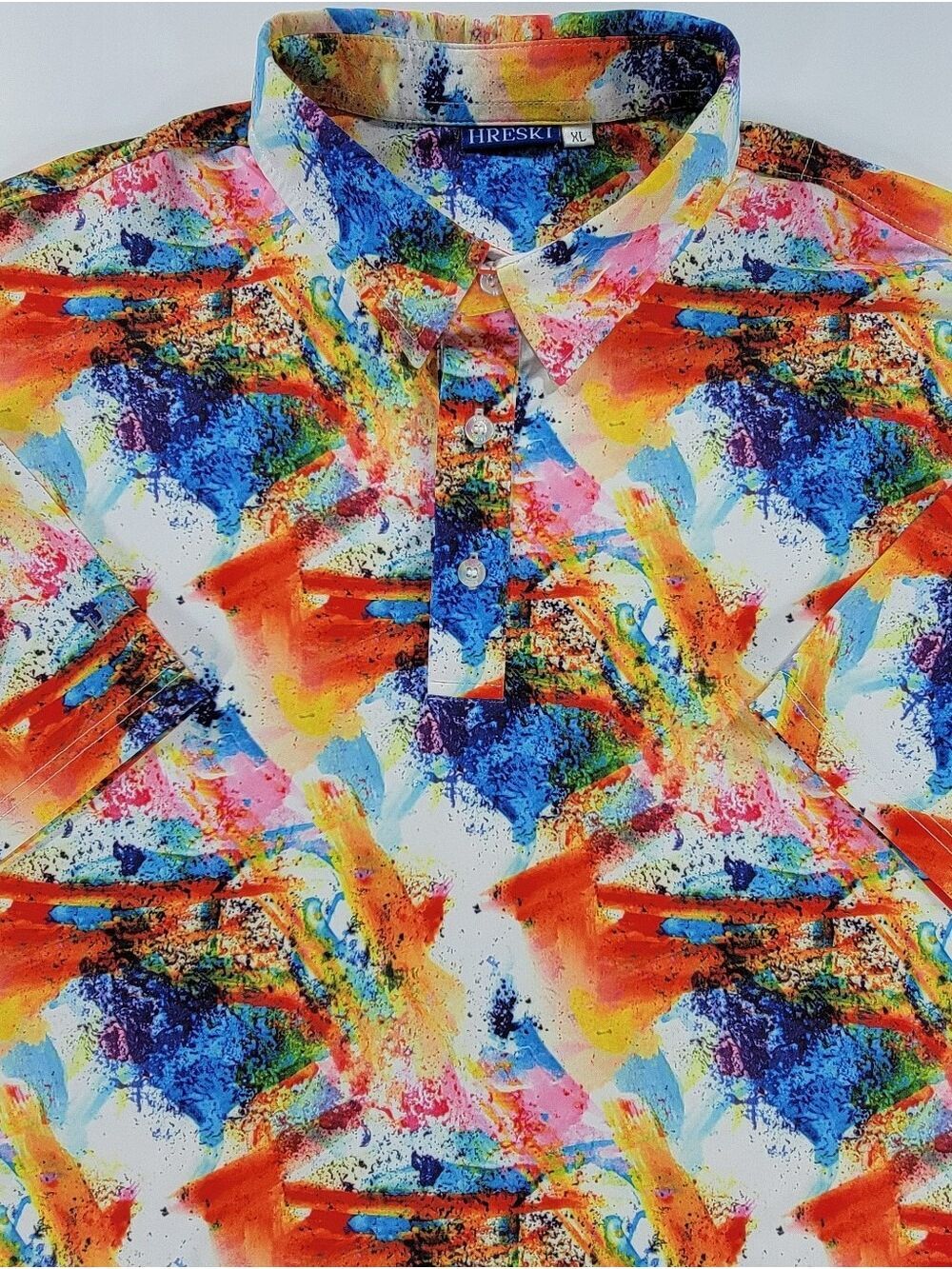 HRESKI Paint Splatter Print Golf Polo Shirt Mens XL Loud Colorful Performance